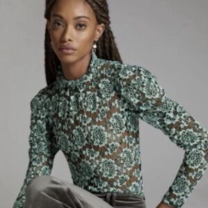 Anthropologie DOLAN Mock Neck Lace Puffy Sleeved Sheer Blouse